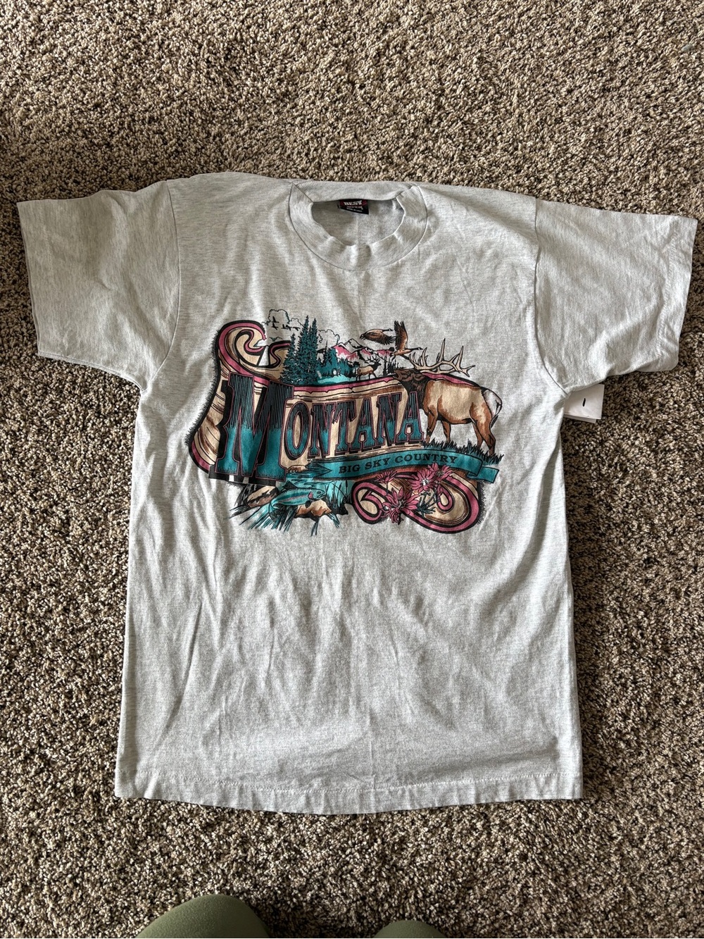 VINTAGE Fruit of the Loom Gray Montana Graphic Tee with Teal and Brown Accents